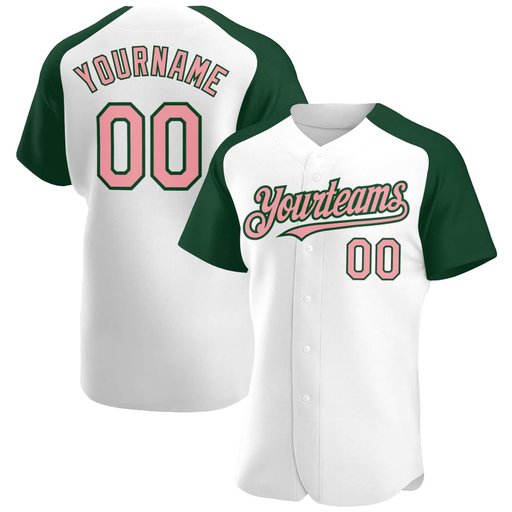 Custom Baseball Jersey for Men, White Green & Medium Pink Softball Tee Shirts Women, Personalized Design Full Button Short Sleeve Blank Youth College Sports Team Uniforms Tee Stitched Name Number Logo