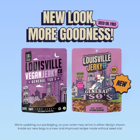 Image of Louisville Vegan Jerky - General Tso's Vegan and Vegetarian Meat - Lip-Smacking Vegan-Friendly & Vegetarian Jerky - Non-GMO 14 Grams Soy Protein, Gluten-Free Low Fat High Protein Vegan Snacks - 3 oz, 10 Pack