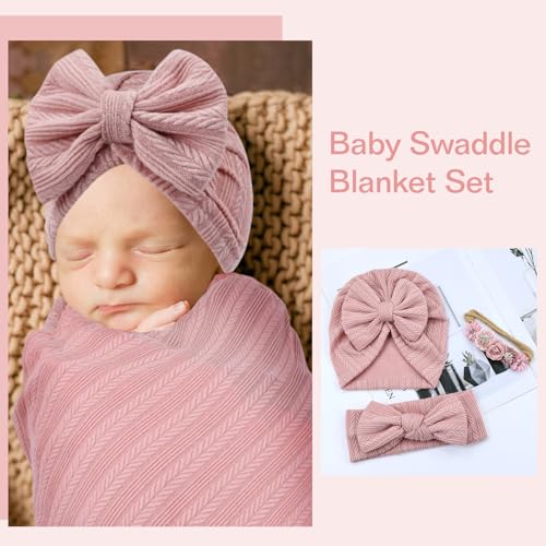 Image of Cinaci 4pcs Dusty Pink Soft Nursery Newborn Baby Receiving Swaddle Blanket with Matching Turban Hat Bow Headbands Floral Nylon Headbands for Baby Girls Newborn Infants