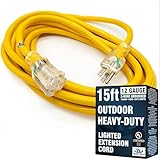 15 ft Outdoor Extension Cord Waterproof - 12 Gauge Heavy Duty Extension Cord 15 ft - Lighted Outdoor Extension Cords - Watts Wire - 15' Grounded - extensiones electricas