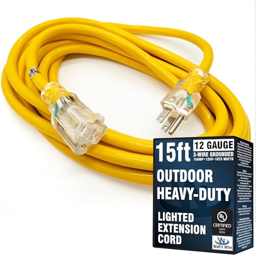 15 ft Outdoor Extension Cord Waterproof - 12 Gauge Heavy Duty Extension Cord 15 ft - Lighted Outdoor Extension Cords - Watts Wire - 15' Grounded - extensiones electricas