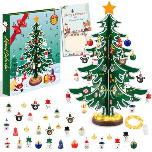 FFZZKJ Adventskalender 2026 Kinder mit Mini Lichterkette 24 Tage Countdown Holz Weihnachtsbaum mit 30 Ornamenten für Weihnachtsdeko Tisch, Weihnachtsdeko Innen