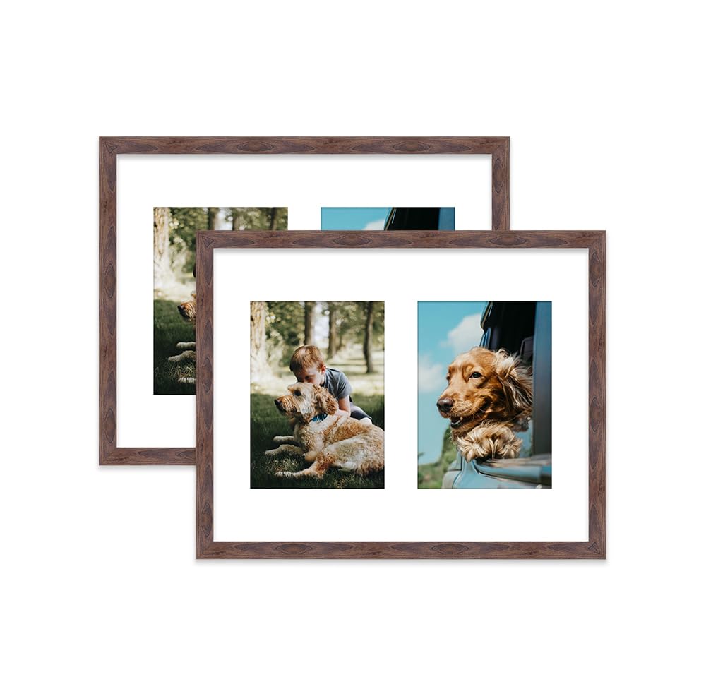 Walnut Multi Photo Frame - Holds 2 x 7x5 Pictures, Family Collage Picture Frame for Wall Display, 14x11 Frame size, Set of 2