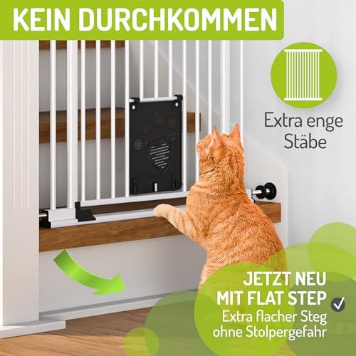 BOMI Tierschutzgitter Mira | Türschutzgitter mit Katzenklappe | Ideales Absperrgitter Hund, Katzengitter Tür & Welpen Zubehör | Hundegitter Wohnung weiß Metall | Breite: 73-83 cm