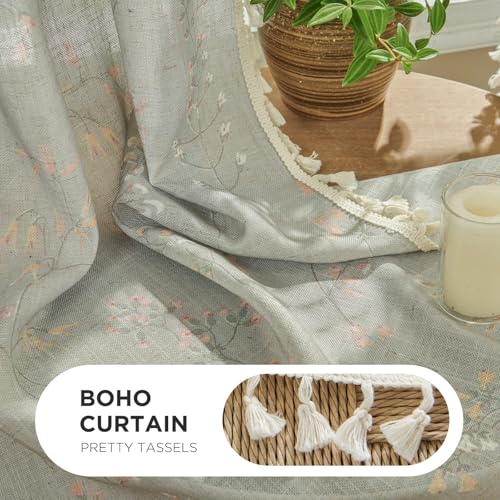 Image of Joydeco Linen Floral Boho Curtains 84 Inch, 2 Panels with Tassels | Super Soft Farmhouse Drapes, Semi Sheer Light Filtering, Natural Look for Bedroom Living Room, Modern Boho Decor