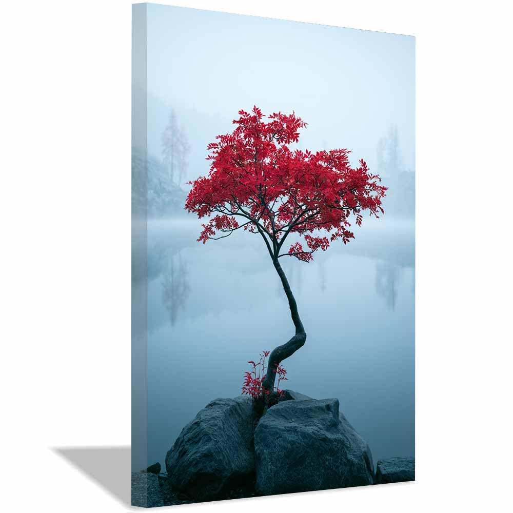 Xeniou Multicolor Landscape Wall Art Fog Lake Red Foliage Canvas Painting Wall Art, Living Room Bedroom Hallway Stairs Decoration.(Multicolor)-50X70cm Framed
