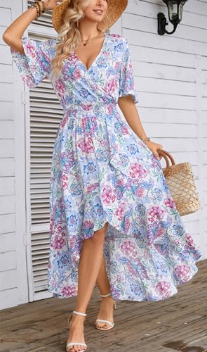 Image of Kormei Women Short Sleeve V Neck Floral High Low Flowy Summer Party Long Maxi Dress