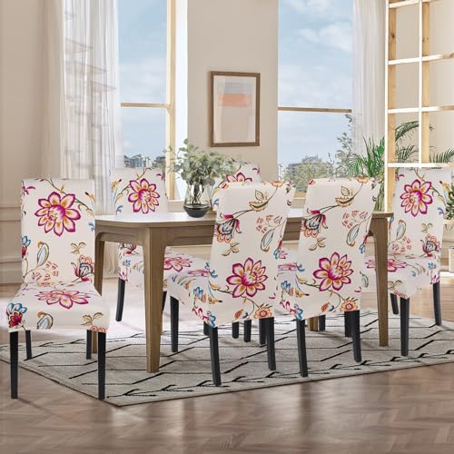 Image of SearchI Printed Dining Room Chair Covers Set of 6, Stretch Kitchen Chair Covers Washable Parsons Chair Slipcover Removable Dining Chair Protectors for Hotel,Ceremony(Flower Pattern)