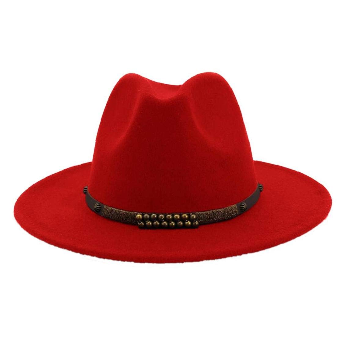 Culer Men's Red Wide Brim Wool Felt Jazz Fedora Hats For Classic Party Formal Panama Cap Floppy Hat