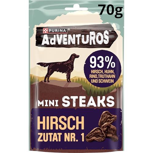 PURINA Adventuros Hundeleckerlis Mini Steaks mit Hirsch Beutel, 7er Pack (7 x 70 g)