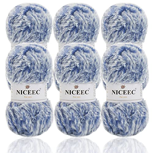 Image of NICEEC Faux Fur Yarn Super Soft, Chunky & Fluffy, Eyelash Yarn for Crochet & Knitting(Total Length 210yds /10.6oz) - Blue /300g