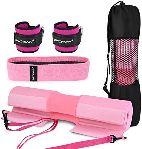 bridawn Barbell Pad Set for Squats Hip Thrusts UPGRADED Bar Neck Pads Workout Foam Weightlifting Cushion with 2 Gym Ankle Straps Hip Resistance Band Fits Standard Olympic Bars with a Carry Bag