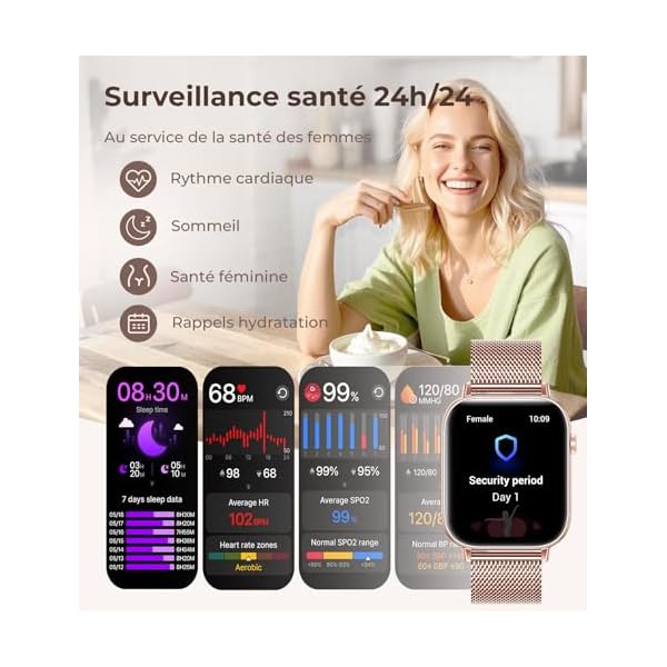 Iaret Montre Connectée Femme, 4 Bracelets, 1.83" Smartwatch, Fonction Féminine, Appels HD, 110+ Modes Sport, Podometre, Moniteur Cardiaque 24h/SpO2/Sommeil, Compatible iPhone/Android, Cadeau, Or Rose