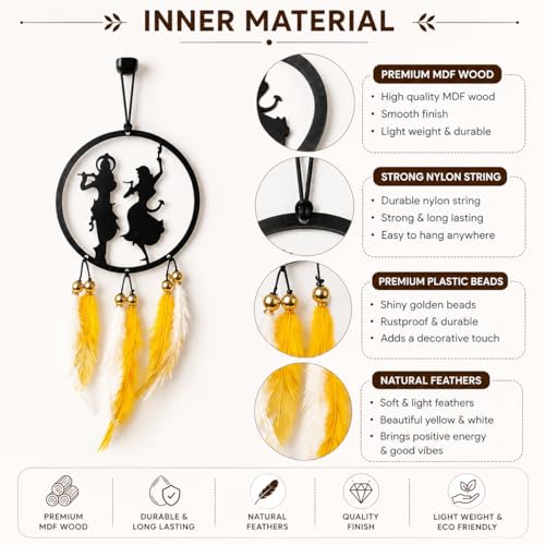 Image of Acrylic Dream Catcher Car Hanging Ornament with Purple and White Feathers - Rear View Mirror Decor for Cars, Spiritual Wall Hanging Decoration for Home, Office and Gift Use (RADHA-KRISHNA-001)