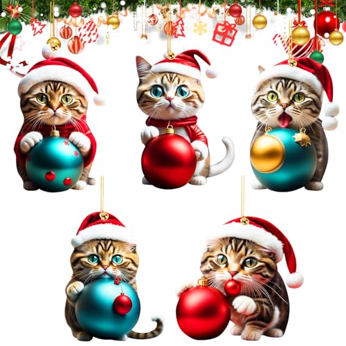 B Pack of 5 Cute Acrylic Cat Pendants - Christmas Tree Decoration Gift - Funny Christmas Cats Ornament