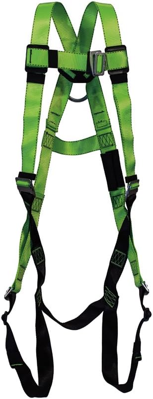 Peakworks Fall Protection Full Body Safety Harness, 5-Point Adjustment with Fall Indicator, Back D-Ring, Pass Thru Leg Buckles, Hi Vis Green/Black, Universal Fit, V8002000