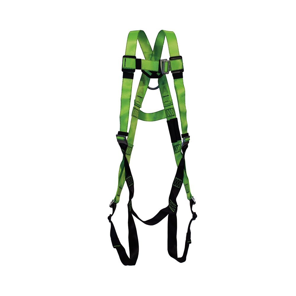 Peakworks Fall Protection Full Body Safety Harness, 5-Point Adjustment with Fall Indicator, Back D-Ring, Pass Thru Leg Buckles, Hi Vis Green/Black, Universal Fit, V8002000