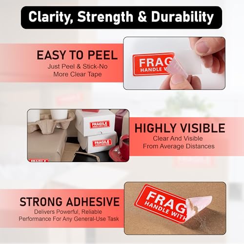 Image of GLUN Fragile Stickers 1 Roll, 3x1 Inch Size Sticker, Care Warning 1000 Labels Each Roll, Strong Adhesive Red Fragile Labels for Shipping Packing of Goods and Moving