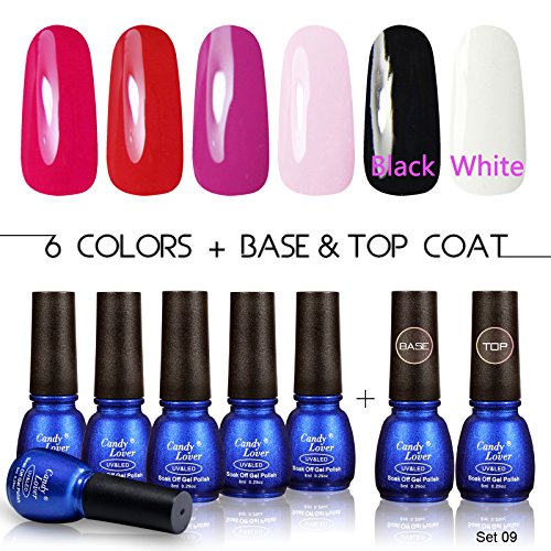 Professional Gel Polish UV LED - Soak Off Nail Lacquers Kit with Clear Base Coat and Top Coat for French Manicure Pedicure, Pack of 8, 8ml Each (Set #09)