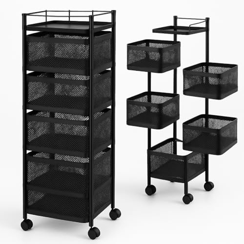 Carro auxiliar metálico con ruedas y cestas plegables ahorra espacio | Carrito cocina verdulero frutero | Estantería organizador de metal gran capacidad y bandeja superior | Estante cocina