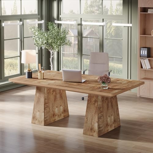 Image of Tribesigns 63-Inch Executive Desk, Large Office Computer Desk with Double Pedestal, Modern Simple Workstations Writing Table Conference Table Business Furniture for Home Office, Natural