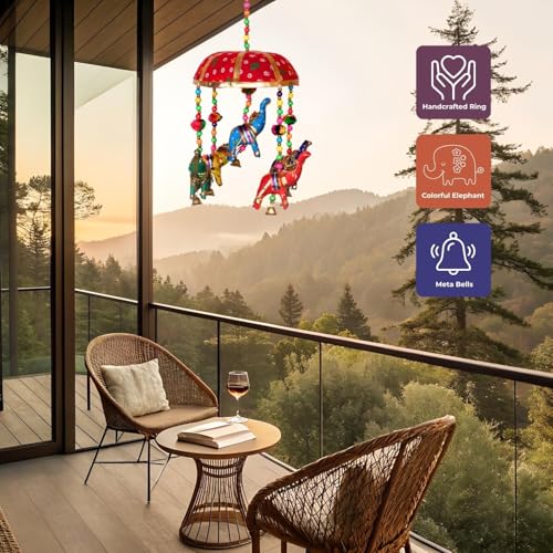Image of Rajasthani Multicolor Elephants Jhoomer with Bell - Decorative Wind Chimes for Door & Wall Hanging, Ideal Home Decor & Gift Showpiece (Red)