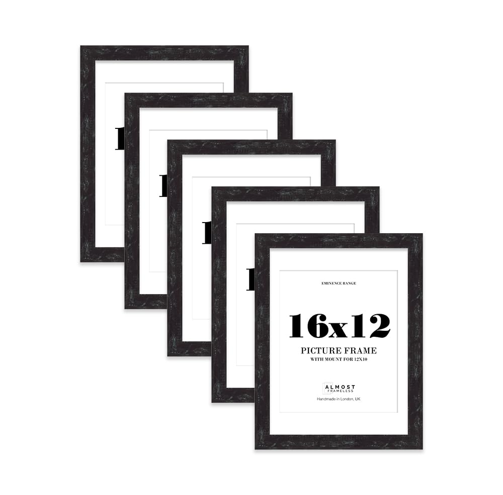 16x12" Distressed Black Picture Frame with 12x10" Mount - Industrial Photo Frame with Distressed Finish, Wall Hooks, 32mm Edge - 5 Pack