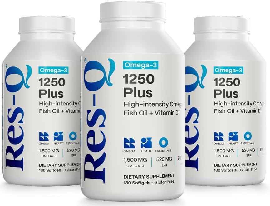 Res-Q Más de 1250 cápsulas de aceite de pescado Omega-3 y vitamina D3, paquete de 3