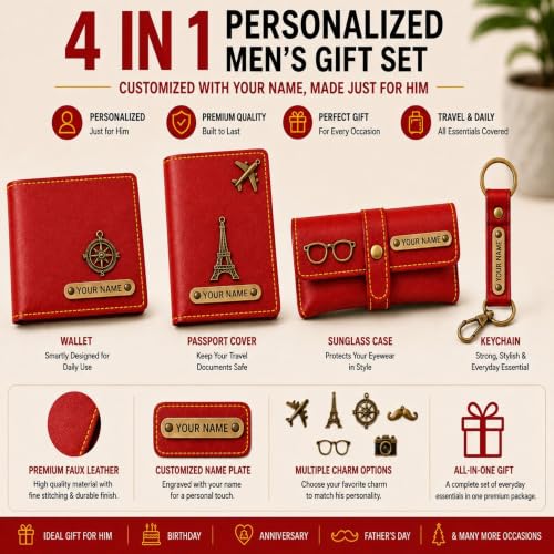 Image of Premium Corporate Gift Set | Personalized Wallet, Passport Cover, Keychain & Sunglass Cover | Customized Gift for Men