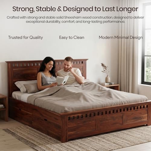 Image of WOODLAB Furniture Solid Sheesham Wood King Size Bed for Bedroom 4 Storage Drawer Wooden Double Beds Cot Furniture for Living Room (Honey Finish)