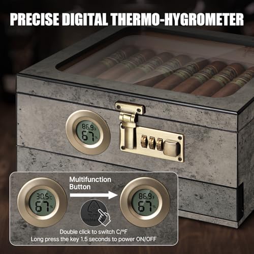 Image of Tesonway Cigar Humidor,Cedar Wood Humidor Cigar Box,Glass Top Desktop Humidor with Digital Thermo-Hygrometer, Humidifier, Divider, Accessories Drawer and Combination Lock,Cigar Gift for Men