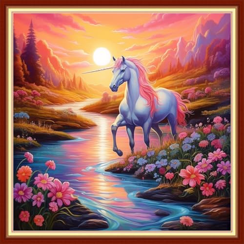 Image of Joyhoor Stamped Cross Stitch Kits for Beginners, Needlepoint Kits for Adults, 11CT Counted Embroidery Kits-Sunrise Unicorn 18x18 inchs