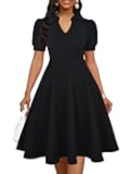 Womens Summer Short Puff Sleeve Casual Semi-Formal Fit and Flare Church Wedding Guest Work Dresses with Pockets