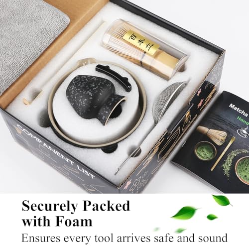 Matcha Set, 7 Teiliges Premium MatchaTea Sets mit Matcha Schale, Bambusbesen und Matcha-Löffel Filterlöffel, Matcha-Besenständer, Japanische Matcha-Tee-Set, Schwarz gesprenkelt