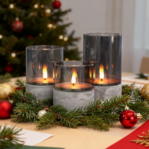 Image of LEDHOLYT Rechargeable Marble Flameless Candles, Gray Glass LED Pillar Candle with Remote & Timer,Decorative Candles for Living Room, Bedroom, Holiday Decor & Gifts for Women,Set of 3
