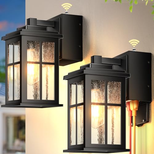 Image of Gleamz Black Porch Lights Outdoor with Outlet, Exterior Wall Sconce Lantern | Anti-Rust, Waterproof, Modern Dusk to Dawn Outdoor Garage Lighting Fixtures Wall Mount, Outside Lights with Outlet for House