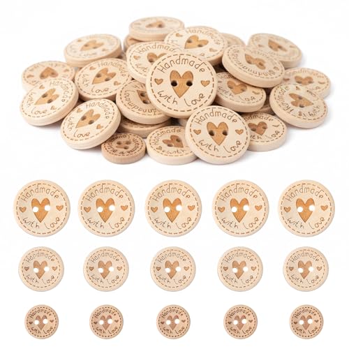 150 PCS Wooden Buttons for Crafts Handmade with Love Buttons 3 Size Craft Decor Wood Button for Sewing,Crafting, DIY Clothing Embellishment Accessories 2 Hole