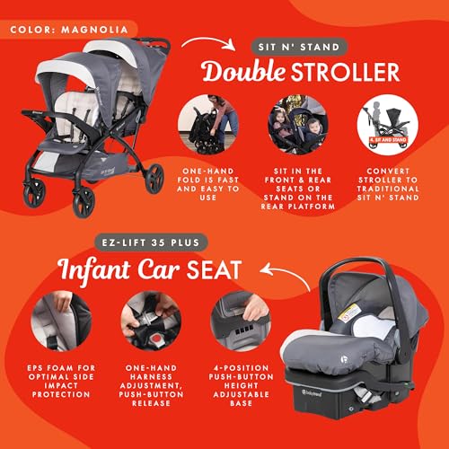Image of Baby Trend Sit N' Stand Double Stroller 2.0 DLX with 5 Point Safety Harness and EZ-Lift Plus Lightweight Infant Car Seat with Cozy Cover, Magnolia