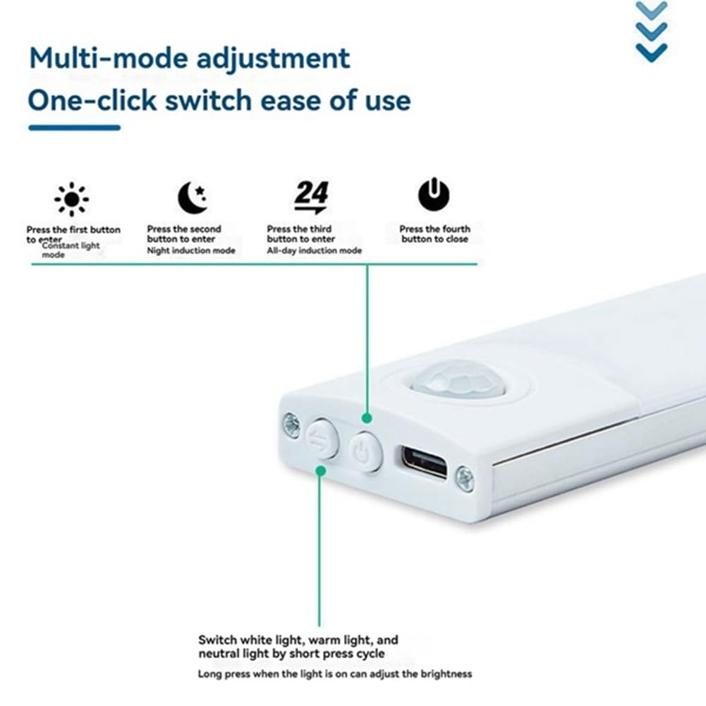 Luz de Iluminación Inalámbrica Debajo del Gabinete, Luz con Sensor de Movimiento de 24 Pulgadas, Luces de Armario Recargables de 1000 MAh para Interiores, Atenuación