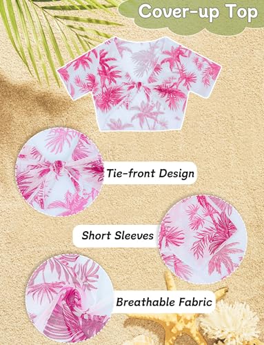 Girl’s 4 Piece Swimsuit Tropical Print Bathing Suit Halter Bikini Set Short Sleeve Top and Cover Up Pant3