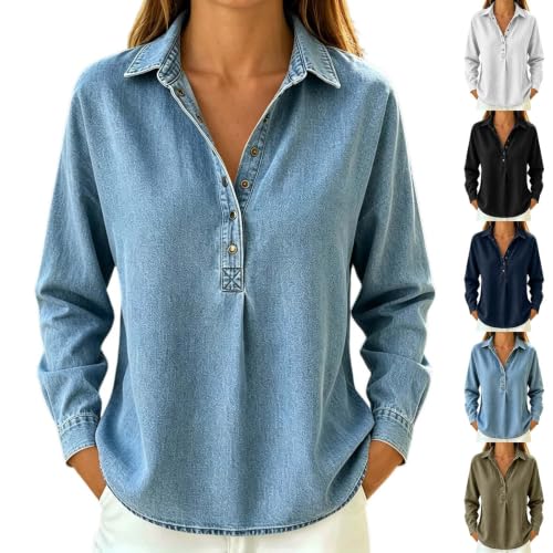 Denim Shirt Women Button Down Lightweight Long Sleeve Collared Jean Shirt - image 1
