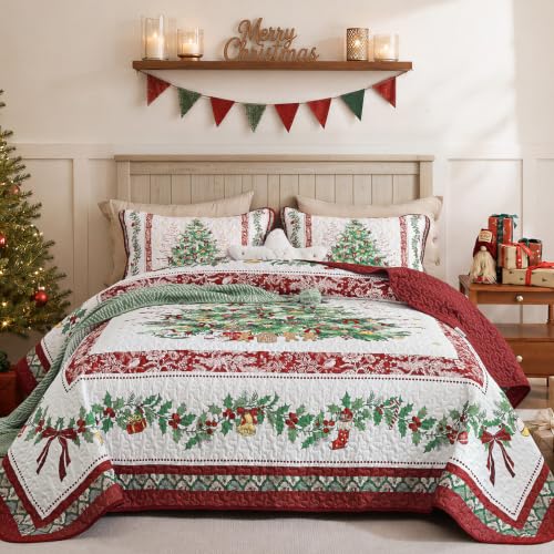 WONGS BEDDING Patchwork Queen Quilt Set, Famhouse Christmas Tree Bedspread