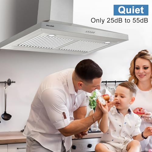 Image of 30 Inch Wall Mount Range Hood, 450 CFM Stainless Steel Stove Vent with 3 Speeds Fan, 2 LED Lights, Dishwasher Safe Filters, Ducted Exhaust (Model 303)