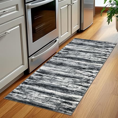 KOZYFLY Modern Abstract Kitchen Runner Rug, 2x5 Washable Rug Runner Non-Slip Soft Striped Hallway Runner Rugs, Black Navy Blue Grey Carpet Runner for Entryway Bathroom Laundry Room Foyer