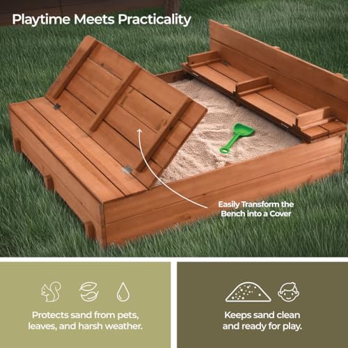 Image of Large Wooden Kids Sandbox with Lid - Outdoor Sand Box for Kids with Cover Sand Protection, Foldable Bench Seats and Bottom Liner