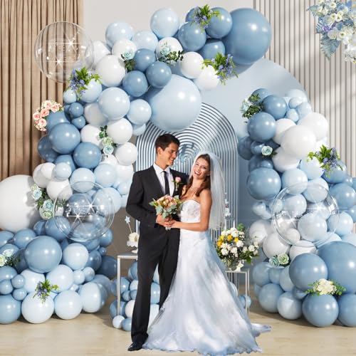 Image of Dusty Blue Balloon Arch Kit Maca Light Blue White Balloon Garland Bobo Balloons for Birthday Wedding Engagements Graduation Baby Shower Anniversary Party Decorations