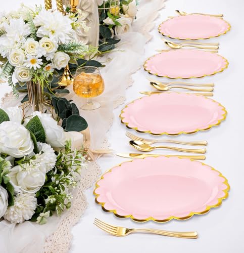 Image of HEIPINIUYE 50 Pieces Light Pink Paper Plates with Gold Foil 7 Inch Disposable Pink Scalloped Dinner Plates for Wedding Baby Shower Birthday Party Dessert Plate