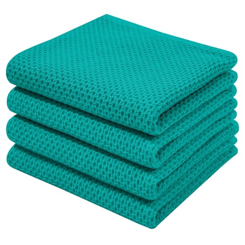 Image of Homaxy 100% Cotton Waffle Weave Kitchen Dish Towels, Ultra Soft Absorbent Quick Drying Cleaning Towel, 13 x 28 Inches, 4-Pack, Teal