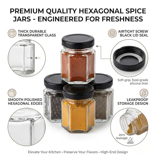 Image of Cute Hexagonal 50 grams Airtight Glass Jar Containers for Honey, Spices & other Kitchen Items with Rust Proof Black Color Caps -Set of 06