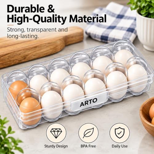 Image of ARTO Clear Egg Trays for Refrigerator Organization - Stackable Egg Holder & Plastic Storage Container - Durable Dishwasher Safe Egg Carton Replacement - Kitchen & Fridge Organizer (Set of 2)